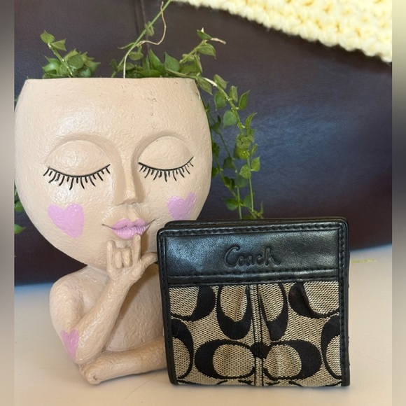 Coach Small Bifold Black Tan Card & Bill Holder Canvas And Leather Signature C - Picture 1 of 12